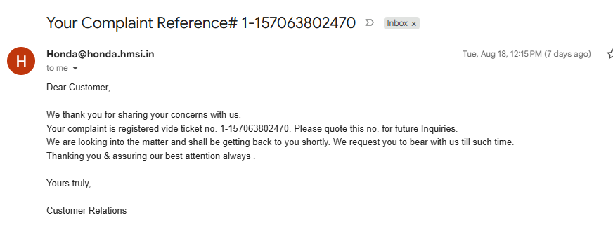 VirendraKoshal's tweet photo. @honda2wheelerin Honda, your own email promised to “get back shortly.” 7 days later — complete silence.

This is no longer a service delay; it is a failure of ownership, accountability and customer responsibility.

If top management cannot ensure accountability for a customer complaint, who can? https://t.co/XDKk93Ufwz