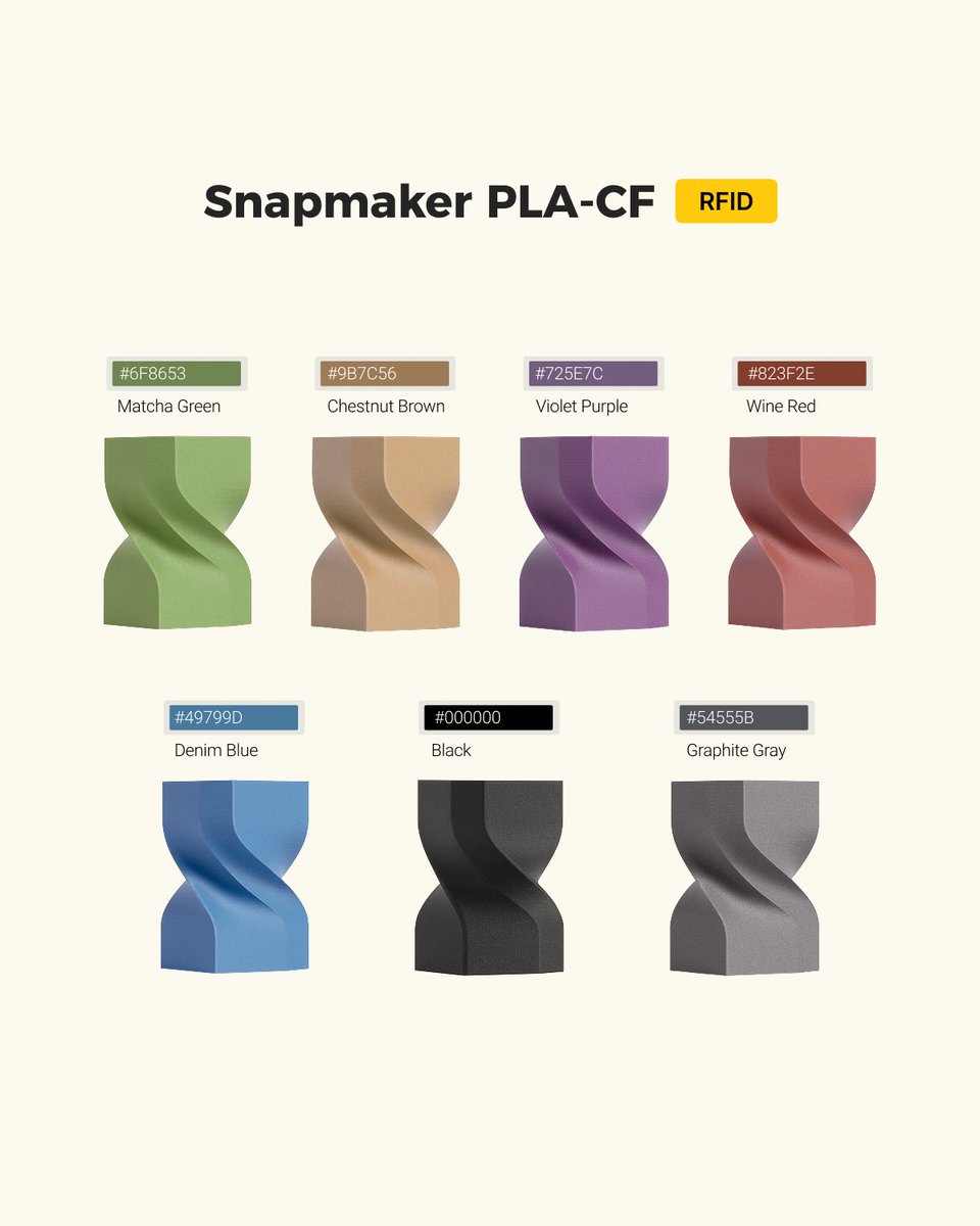 snapmaker's tweet photo. 🖤 Snapmaker PLA-CF Launch 🎉
Reinforced with carbon fiber for greater stiffness, lower warping, and a clean matte finish. Perfect for functional parts, precision models, jigs, fixtures, and more. 🛠️🪛

Shop Now & Enjoy the Filament Sale
🛒: https://t.co/s3YCu1Ow1n

GIVEAWAY TIME 🎁
1️⃣ Follow @snapmaker 
2️⃣ Like & Repost this post
3️⃣ Comment what colors do you like and what you'd print with PLA-CF?👇
📅 Winners announced on: Sep 2

5 lucky winners across Facebook, Instagram & X.
Each picks any 3 rolls of our new filaments!

#Snapmaker #3DPrinting #Filament #GiveawayAlerts