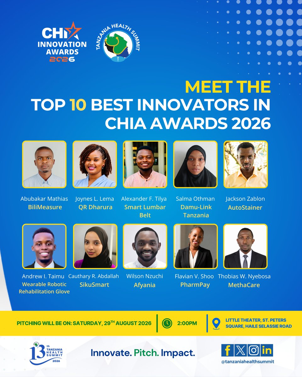 TzHealthSummit's tweet photo. 𝐓𝐎𝐏 𝟏𝟎 𝐈𝐍𝐍𝐎𝐕𝐀𝐓𝐎𝐑𝐒 𝐈𝐍 𝐂𝐇𝐈𝐀 𝐈𝐍𝐍𝐎𝐕𝐀𝐓𝐈𝐎𝐍 𝐀𝐖𝐀𝐑𝐃𝐒 𝟐𝟎𝟐𝟔 𝐀𝐑𝐄 𝐇𝐄𝐑𝐄

The Top 10 Best Innovators of the CHIA Innovation Awards 2026 are set to pitch their health solutions this Saturday. From smart medical devices to creative community care, these innovators are ready to showcase ideas that can transform healthcare in Tanzania and beyond.

🗓️Pitch Day: August 29th, 2026
📍Location: Little Theater, St. Peters Square, Haile Sellasie Road. 

𝐏𝐈𝐓𝐂𝐇𝐈𝐍𝐆 𝐖𝐈𝐋𝐋 𝐁𝐄 𝐋𝐈𝐕𝐄. 𝐯𝐢𝐚 𝐘𝐨𝐮𝐓𝐮𝐛𝐞 𝐜𝐡𝐚𝐧𝐧𝐞𝐥 𝐨𝐟 𝐓𝐚𝐧𝐳𝐚𝐧𝐢𝐚 𝐇𝐞𝐚𝐥𝐭𝐡 𝐒𝐮𝐦𝐦𝐢𝐭, 𝐒𝐮𝐛𝐬𝐜𝐫𝐢𝐛𝐞 𝐓𝐨𝐝𝐚𝐲.

Cheer them on as they pitch for impact

#InnovationForImpact
#CHIA2026
#PitchDay