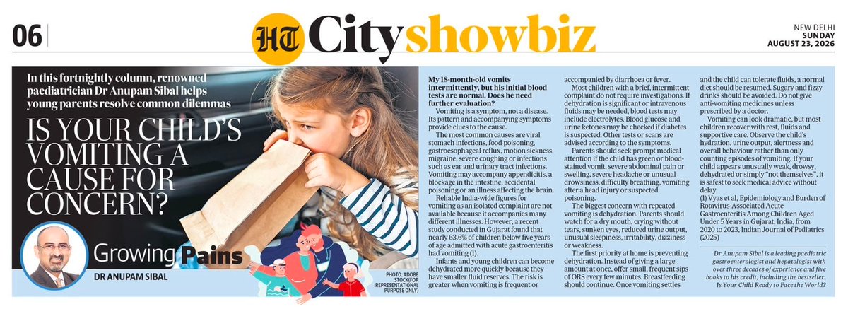 AnupamSibal's tweet photo. Sharing my latest Growing Pains column on vomiting in children, one of the most common symptoms in Children. 

 #GrowingPains #ChildHealth #VomitingInChildren #ParentingTips #Pediatrics #HTColumn

https://t.co/7Hgoor621f https://t.co/oJ01tjHho3