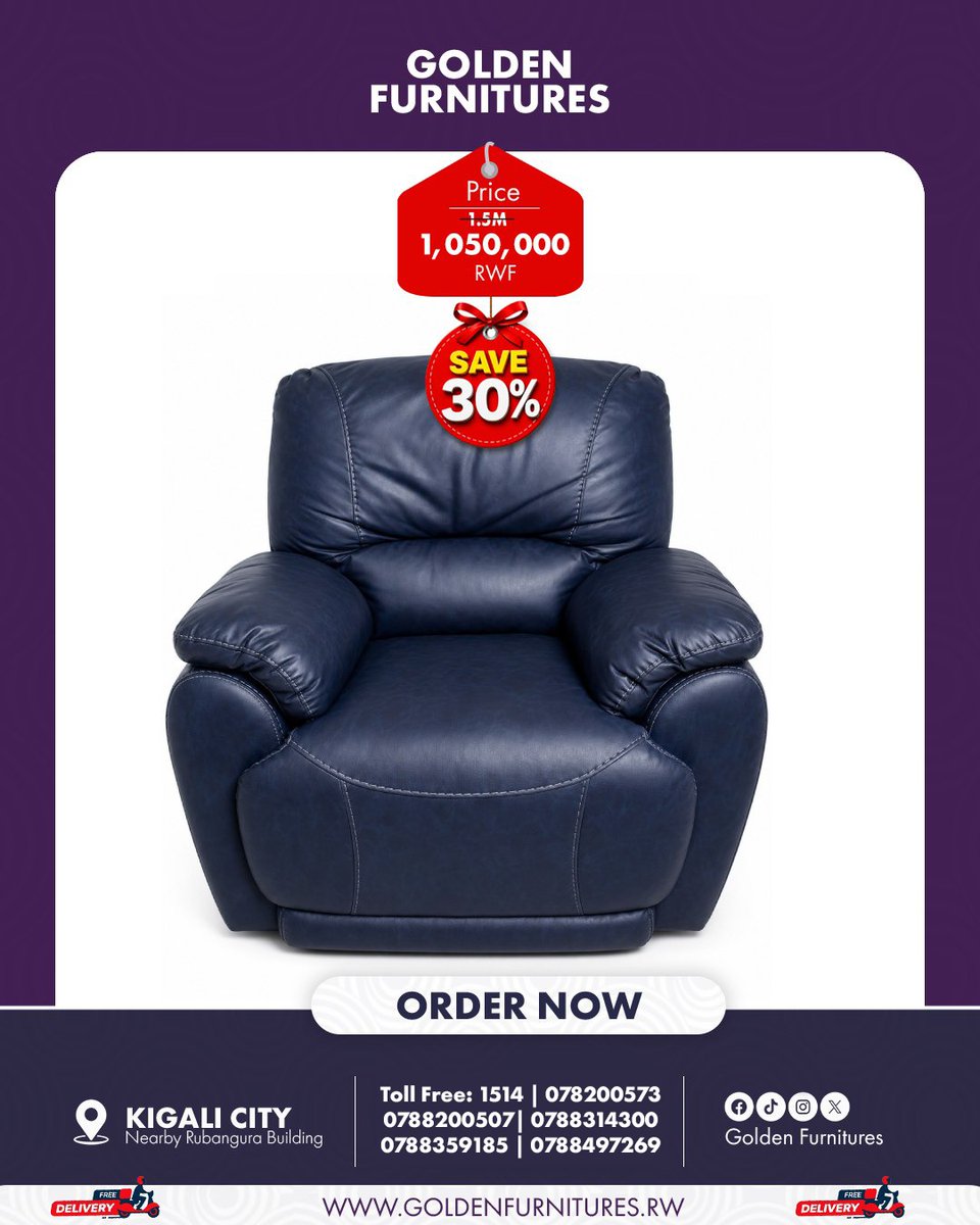 GoldenFurniturw's tweet photo. ✨ COMFORT MEETS LUXURY! ✨
Upgrade your living space with this Premium Recliner Chair 🛋️💙 designed for ultimate comfort, relaxation, and style.

📍 Golden Furnitures – Kigali City
🏢 Near Rubangura Building
📞 Toll Free: 1514 | 0788200507 | 0788314300
🛒 ORDER NOW! https://t.co/oR01S4xcGn