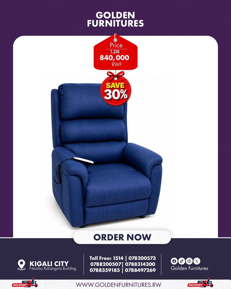 GoldenFurniturw's tweet photo. ✨ COMFORT MEETS LUXURY! ✨
Upgrade your living space with this Premium Recliner Chair 🛋️💙 designed for ultimate comfort, relaxation, and style.

📍 Golden Furnitures – Kigali City
🏢 Near Rubangura Building
📞 Toll Free: 1514 | 0788200507 | 0788314300
🛒 ORDER NOW! https://t.co/oR01S4xcGn