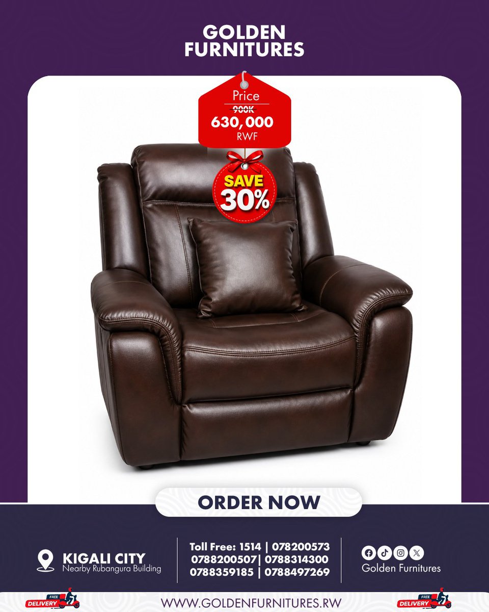 GoldenFurniturw's tweet photo. ✨ COMFORT MEETS LUXURY! ✨
Upgrade your living space with this Premium Recliner Chair 🛋️💙 designed for ultimate comfort, relaxation, and style.

📍 Golden Furnitures – Kigali City
🏢 Near Rubangura Building
📞 Toll Free: 1514 | 0788200507 | 0788314300
🛒 ORDER NOW! https://t.co/oR01S4xcGn