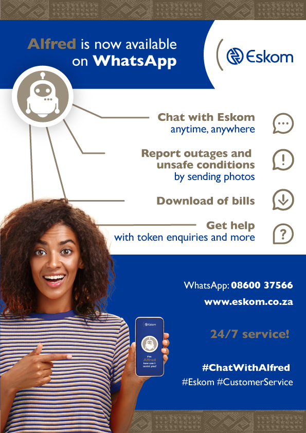 Eskom_SA's tweet photo. Now available on WhatsApp and the Eskom website, Alfred is here to help you resolve electricity inquiries faster and more easily. From reporting unsafe conditions to resolving token queries, Alfred has you covered—anytime, anywhere.

#ChatWithAlfred #Eskom #CustomerService https://t.co/STHY7KiC7g