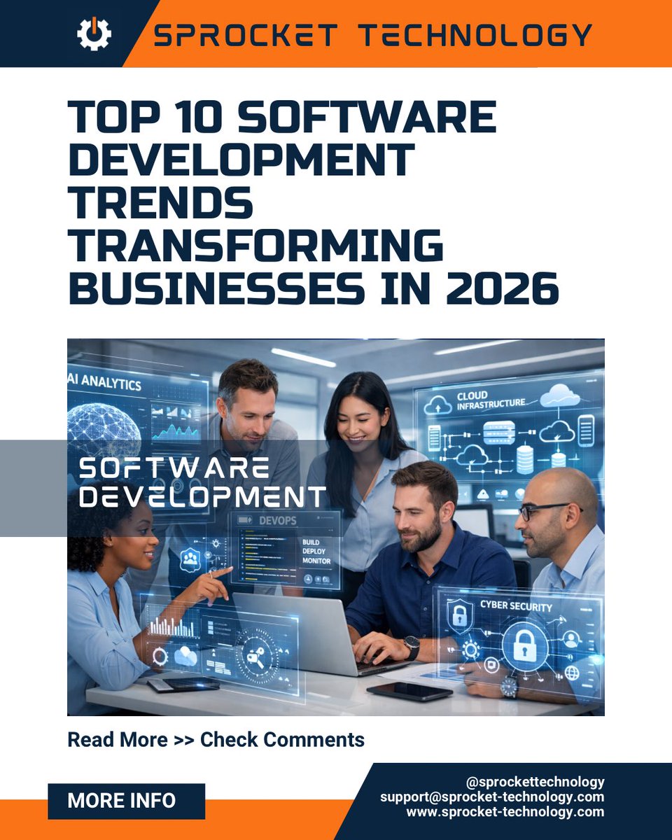 Sprocketit's tweet photo. 10 software development trends are reshaping business in 2026. AI. Automation. Cloud. Cybersecurity. And that’s just the beginning. Is your business ready? Full breakdown 👇 https://t.co/0tKFgh8Nsk
 #SoftwareDevelopment #AI #Technology #DigitalTransformation #SprocketTechnology https://t.co/azUxEwAPT5