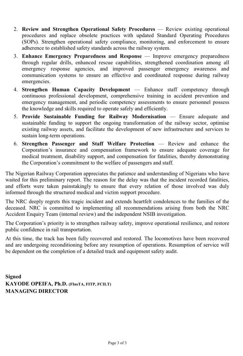 DrKayodeOpeifa's tweet photo. WARRI ITAKPE TRAIN SERVICE INCIDENT OF JUNE 8, 2026

FINDINGS 

Based on the internal investigation carried out by the NRC inquiry team, preliminary observations indicate the “possible sudden development of a bogie/wheel defect while en route”. 

This observation is being investigated further as a potential primary factor in the derailment. 

A wheel defect of this nature may have generated abnormal wheel-rail interaction, excessive impact loading, and loss of running stability. 

The investigation also noted that the “possible manner of brake application” may have contributed to the severity of the outcome. 

These remain working hypotheses only. 

The definitive cause or causes of the accident will be determined through comprehensive analysis and will be set out in the final report. 

It is important to note that site examination by the inquiry team observed that the points were intact and that no evidence of track vandalism was found. 

This differs from the accidents that occurred on the same service (WITS) on 1 November 2025 and 8 November 2025, which were attributed to track vandalism. 

In line with statutory requirements, the Nigerian Safety Investigation Bureau (NSIB) has commenced an independent investigation. 

The Nigerian Railway Corporation is fully cooperating with the NSIB investigation and will be guided by its findings and recommendations. The NSIB final report remains pending.