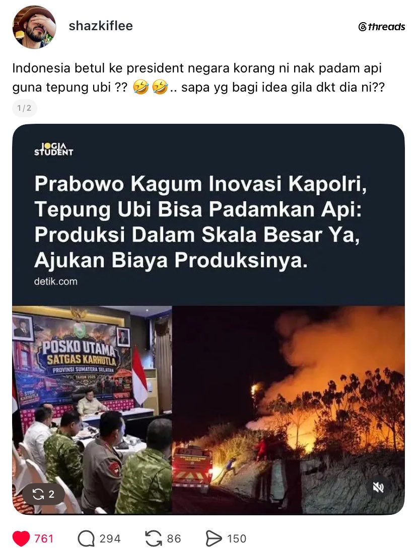 heyfannnnn's tweet photo. Malaysia gunakan pesawat canggih untuk bantu memadamkan api di Palembang hanya dalam 12 detik, meanwhile presidenmu usul helikopter terbangkan tepung ubi untuk padamkan api.

no words, CAPEKKKKKK dan MALUUUUU https://t.co/0CuuhYsf8D