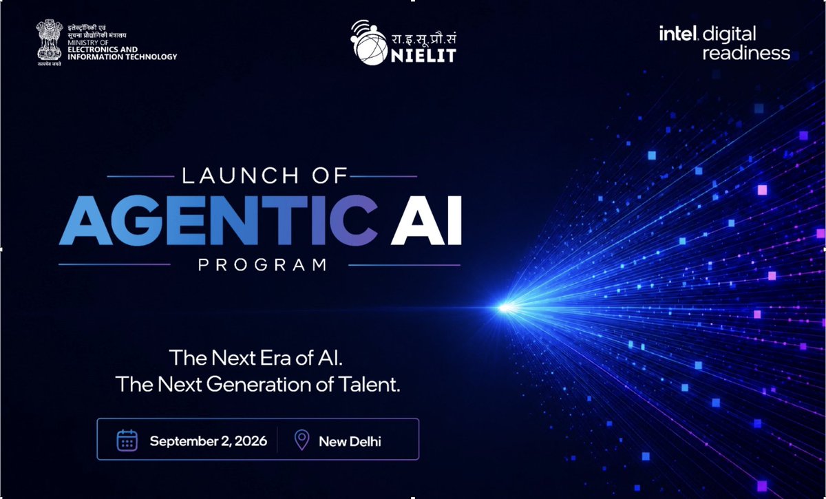 NIELITIndia's tweet photo. #NIELIT and @intel are launching the #AgenticAI #Skilling Initiative to bring industry-aligned Agentic AI courses across NIELIT Centres.
A major step towards preparing India’s workforce for the future of AI.
#AISkilling #ArtificialIntelligence #FutureOfWork #DigitalIndia https://t.co/Z4frHs24xN