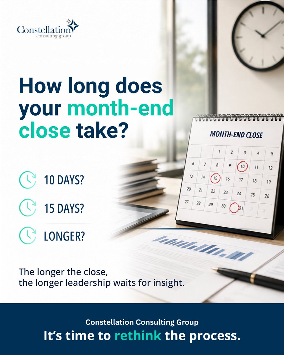 CgConstellation's tweet photo. How long does your month-end close take - 10 days, 15 days, or longer?

The longer the close, the longer leadership waits for actionable insights.

It’s time to rethink the process. ⏱️

#FinanceTransformation #CFO #MonthEndClose #FinancialReporting #ConstellationConsultingGroup https://t.co/UAcKtIn4e1