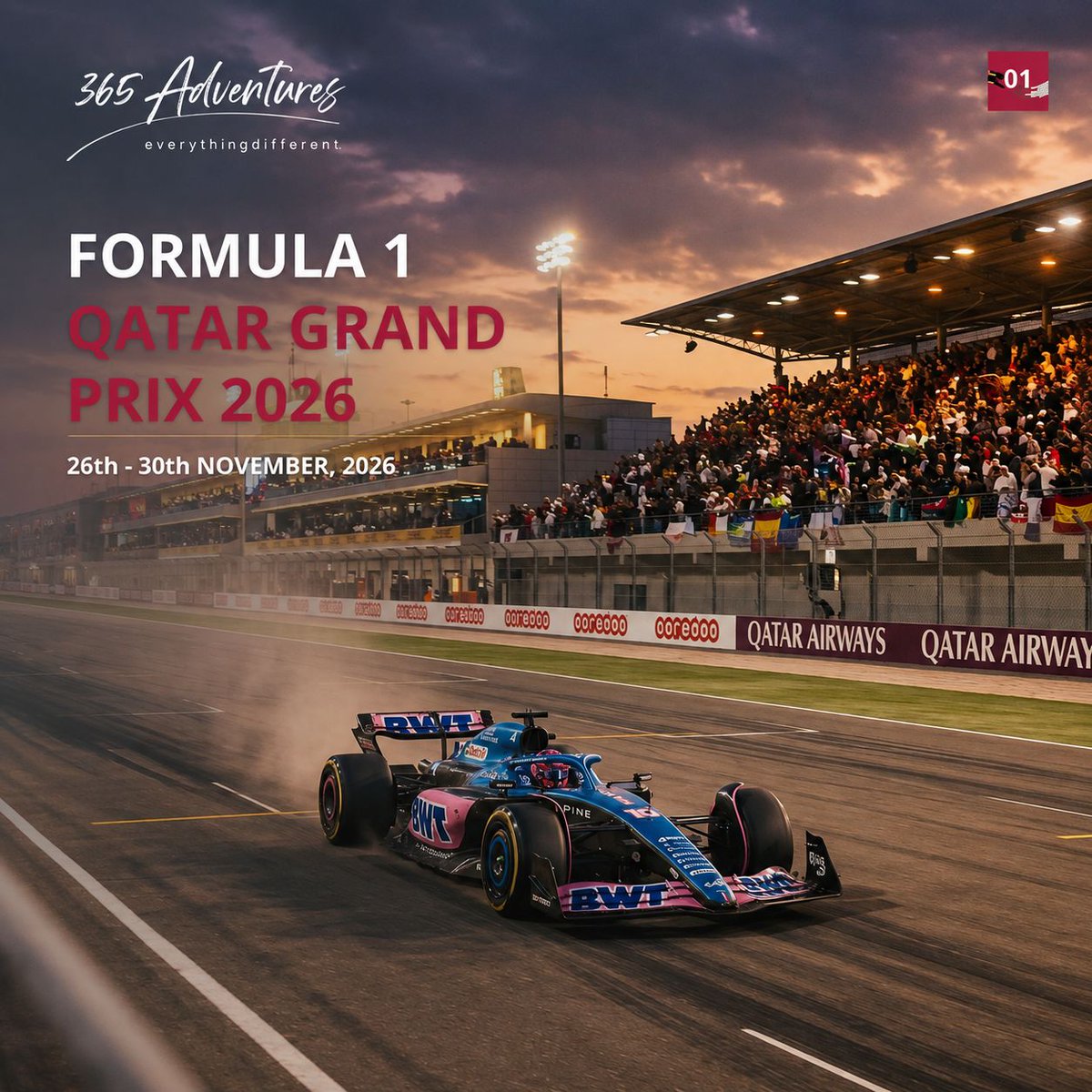 365adventures_'s tweet photo. F1 Qatar 2026 packages are now available with 365 Adventures: tickets, accommodation, transfers and more, all wrapped into one seamless race-weekend experience.🏎️🏁 

#F1Qatar #QatarGrandPrix #Formula1 #VisitQatar #365Adventures https://t.co/j6i8iAeGjV