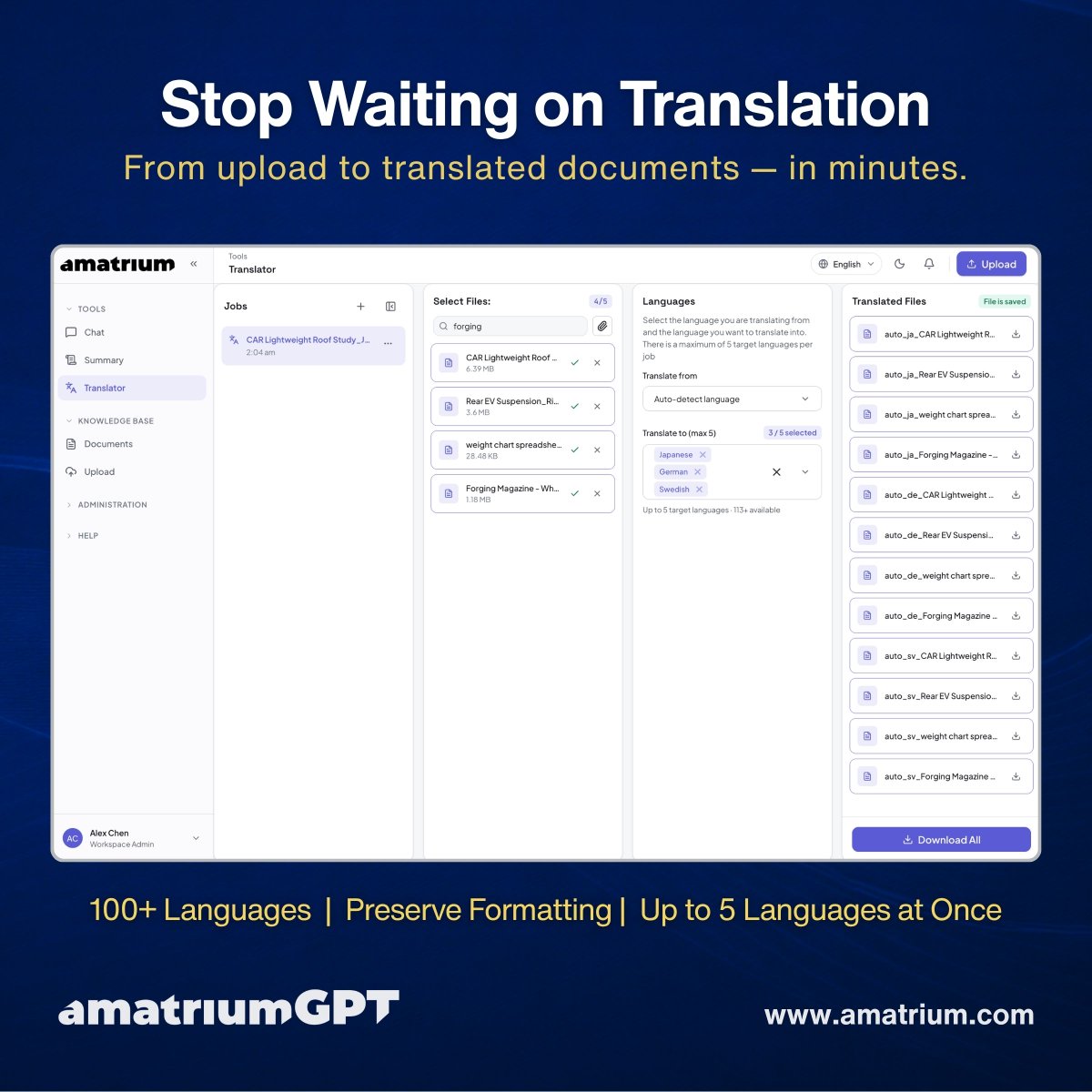 AmatriumHQ's tweet photo. Translation delays aren't just a language problem. They're a business problem.
AmatriumGPT Translator makes company knowledge available to global teams while preserving original formatting.
See it in action: https://t.co/C9W1wwRDBo
Request a demo: https://t.co/bx70ntJQDY https://t.co/r2X4MNaHiN