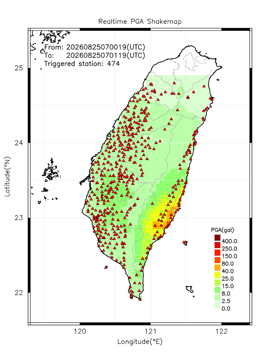 eew_p's tweet photo. Automatically Plotted Shakemaps:
* 2026-08-25 15:01:19 (UTC+08:00, Taipei)
* Evt. 20260825150019, 60s after trig.
* Total 474 triggered stations

Note: These shakemaps are not yet confirmed, for reference only!
#地震 #台灣 #earthquake #Taiwan https://t.co/6pFREkCvkI