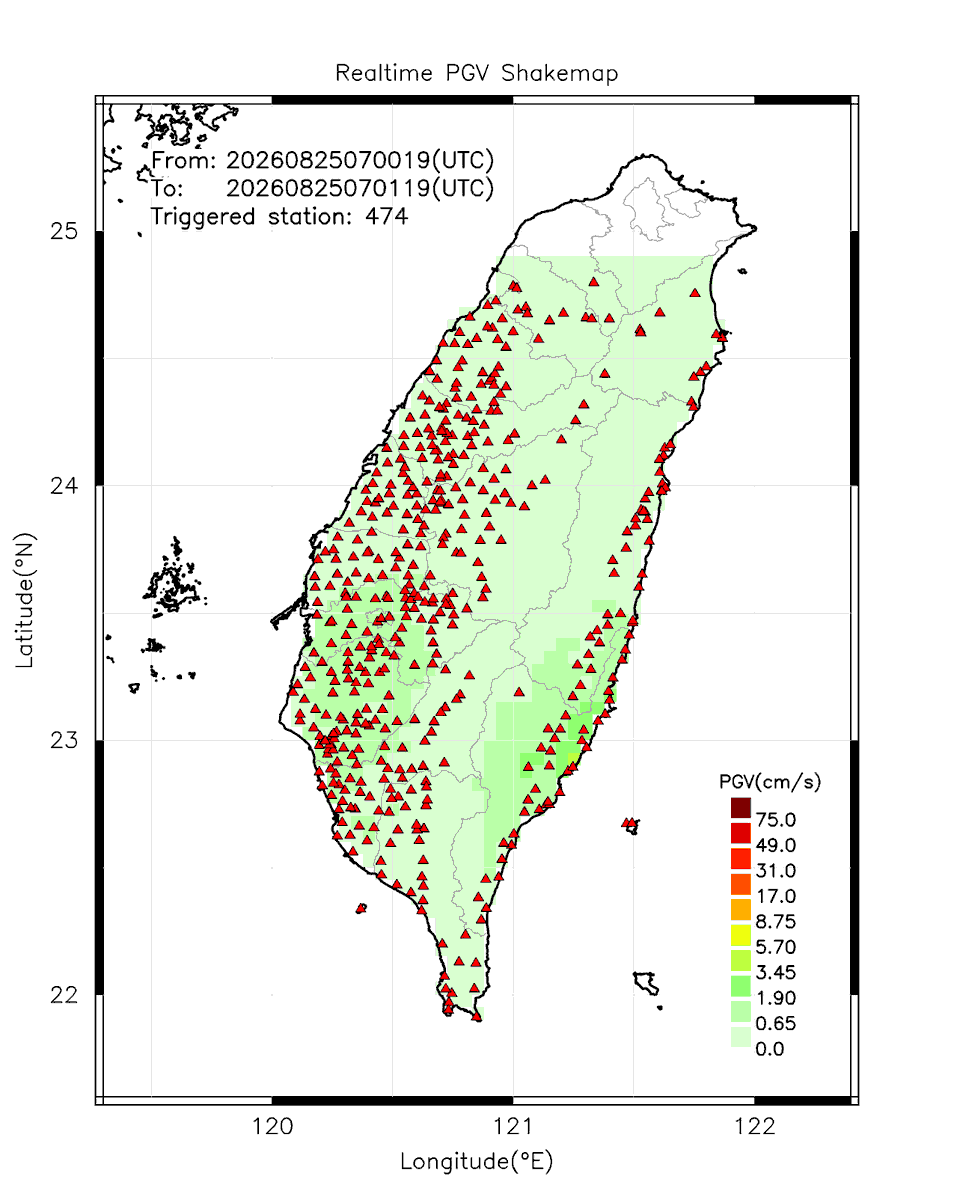 eew_p's tweet photo. Automatically Plotted Shakemaps:
* 2026-08-25 15:01:19 (UTC+08:00, Taipei)
* Evt. 20260825150019, 60s after trig.
* Total 474 triggered stations

Note: These shakemaps are not yet confirmed, for reference only!
#地震 #台灣 #earthquake #Taiwan https://t.co/6pFREkCvkI
