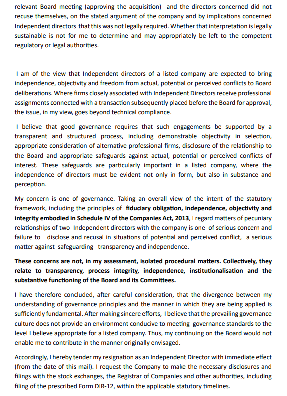 AethosWealth's tweet photo. An unusual governance update from #RashiPeripherals, stock is already down 18%
Independent Director Anil Khandelwal has resigned with immediate effect — but what makes this notable is the detailed reasoning he has put on record.
“During my tenure, I have experienced a fundamental divergence between my understanding of sound governance and the manner in which certain important matters have been approached.”
Here are the key concerns raised by him 👇
1️⃣ NRC Process
He questioned the independence and effectiveness of the Nomination & Remuneration Committee in:
• Director selection
• KMP compensation
According to him, these matters were being treated “substantially as management prerogatives” rather than matters for independent NRC deliberation.
He also says that despite raising these concerns orally and in writing, the process did not improve.
2️⃣ Potential conflict involving Independent Directors
This is probably the more serious point.
Khandelwal states that professional due-diligence assignments relating to a proposed acquisition were given to firms where 2 Independent Directors — including the Audit Committee Chairman — held senior partner positions.
According to his letter:
• These engagements were not disclosed at the relevant Board meeting
• The concerned directors did not recuse themselves
• The stated position was that such recusal/disclosure was not legally required
Importantly, these are concerns/allegations raised by the resigning director;
He nevertheless makes his own position very clear:
“the issue, in my view, goes beyond technical compliance.”
And further says good governance should require transparency around selection of such firms, disclosure of relationships and safeguards against actual, potential or perceived conflicts.
3️⃣ His concluding observation is quite strong
He says the issues collectively relate to:
→ Transparency
→ Process integrity
→ Independence
→ Institutionalisation
→ Functioning of the Board & Committees
And finally states:
“the prevailing governance culture does not provide an environment conducive to meeting governance standards to the level I believe appropriate for a listed company.”
That ultimately led him to resign.
The key thing to watch now would be whether the company provides any detailed response/clarification to the specific governance concerns raised.