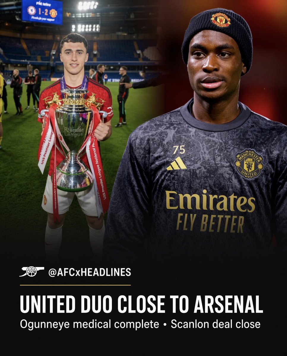 AFCxHeadlines's tweet photo. 🚨 BREAKING: Right-back Habib Ogunneye (20) has undergone a medical ahead of his move from Manchester United.

Arsenal are also close to finalising the signing of United winger James Scanlon (19).

📍 @gunnerblog https://t.co/KvkBNzmhdW