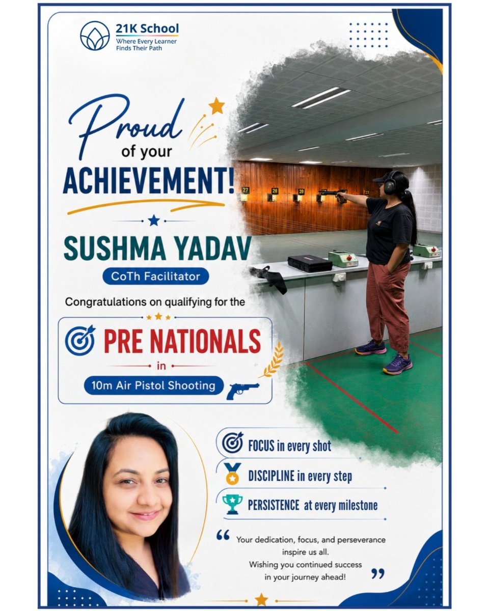 21Kschool's tweet photo. When your Grade 5 Computational Thinking teacher is also a pistol shooting champion in the making
Congratulations, Ms. Sushma. Go show the Pre-Nationals what Grade 5 already knows about you.
#TeacherSpotlight #BeyondTheClassroom #PreNationals https://t.co/Y6c5Gd2R9V