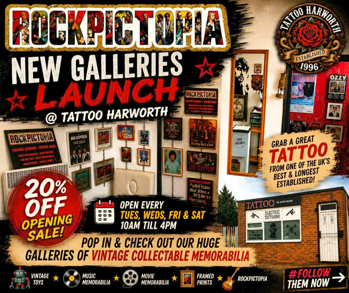 rockpictopia's tweet photo. Now @ Tattoo Harworth! 🖼️New galleries, music memorabilia, collectables, retro, cool 4 collectors!
Tues, Weds, Fri & Sat, 10am–4pm 20% OFF sale
#Rockpictopia #TattooHarworth #NewGalleries #Memorabilia #MusicMemorabilia #Collectibles #FramedPrints #RockMemorabilia #20PercentOff https://t.co/GYjLfOMhCx