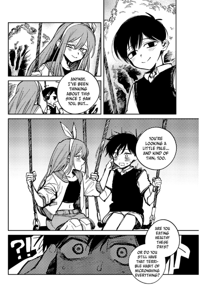 ImmoApollyon's tweet photo. I've thought about this too much, but 

a way the game shows Aubrey's crush on Sunny is that she positions herself right next to him in 4/6 breaktimes, 

and I can't tell if this panel's MEANT to be the equivalent of that or not because of the manga's inaccuracies.

#OMORI https://t.co/4UQNugbkuI