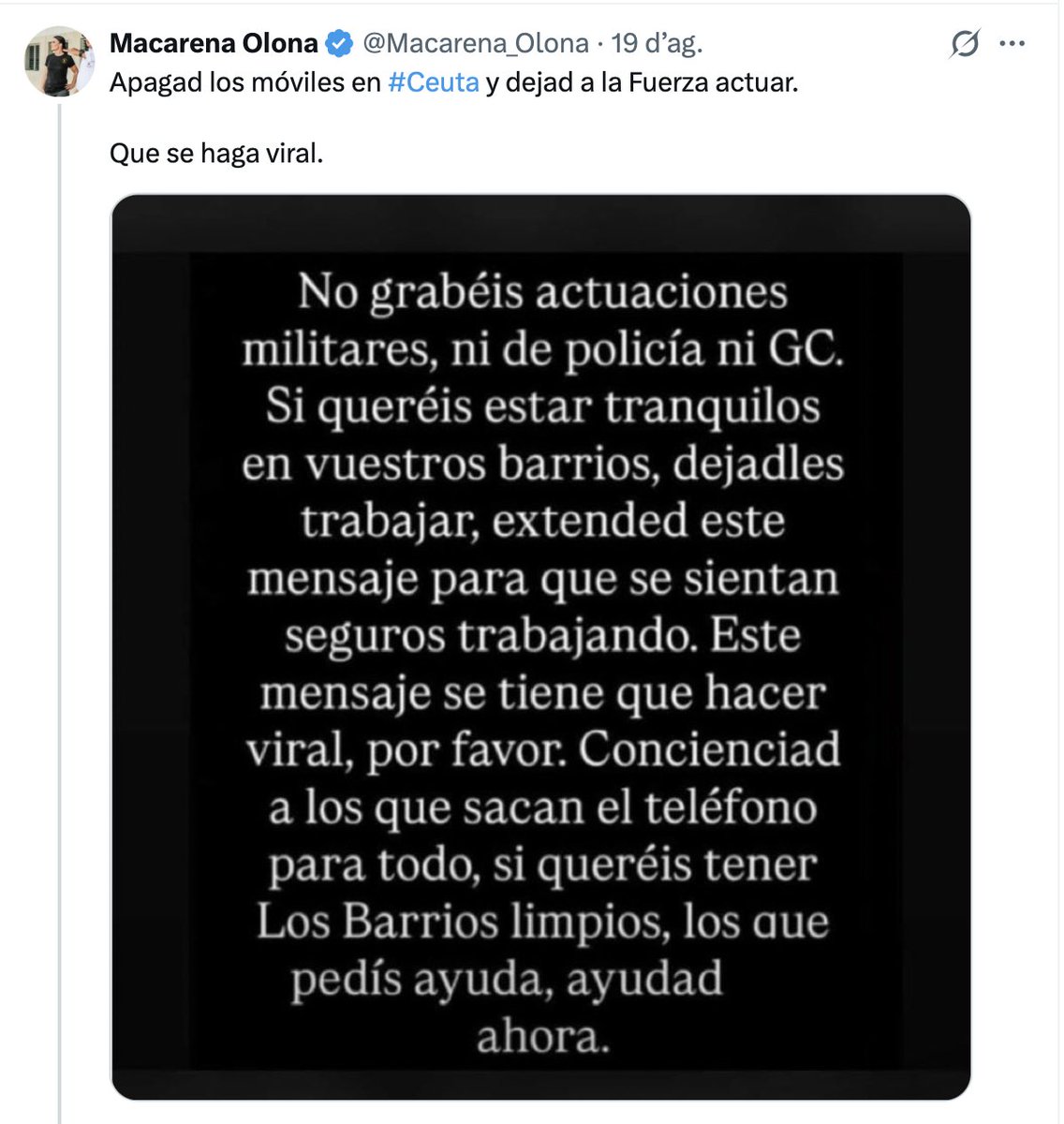 MiquelReal's tweet photo. "Apagad los móviles y dejad a la Fuerza actuar", diuen els feixistes.
Grok, pots millorar eixa expressió? Sí, ací tens
"No graveu la brutalitat policial i deixeu que la Policia agredisca impunement. Així després podrà acusar la víctima d'atemptat a l'autoritat"
El Dret del revés. https://t.co/YfTDOQuyJ2