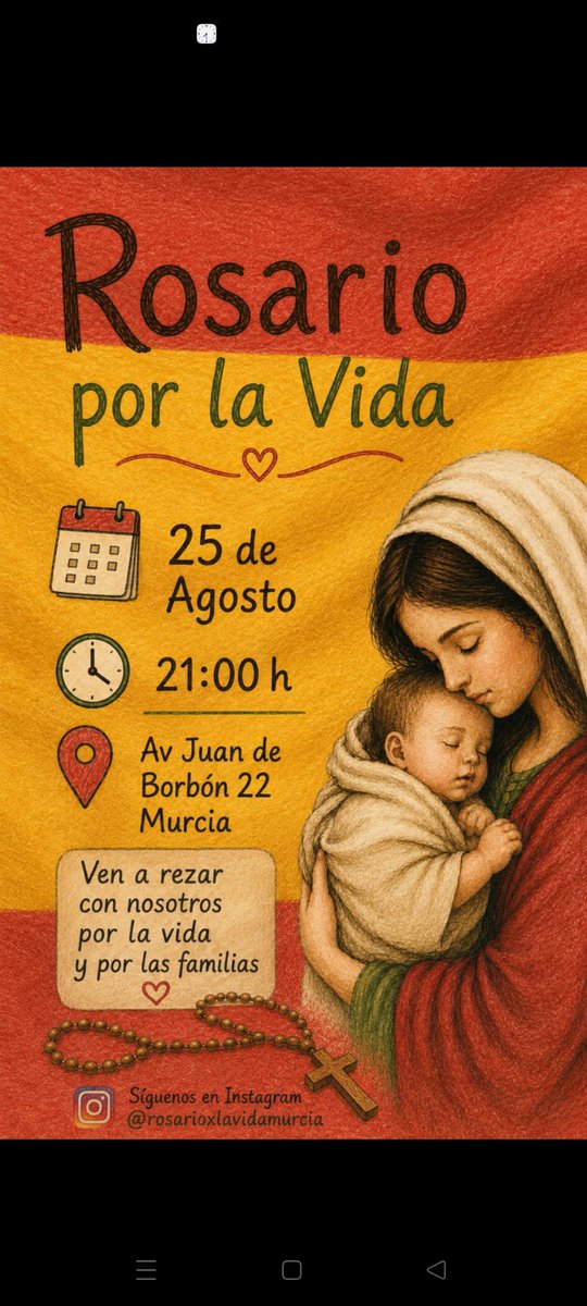 DebeVivir's tweet photo. Este Martes 25 de Agosto,

_Como venimos realizando más de 17 años ininterrumpidamente, rezaremos públicamente la oración del Santo Rosario, por la Vida_ 🤰👨🏻‍🍼🤱👶👴🏼👵🏻
```A las 21h 
En Murcia: Avenida Juan de Borbón, 22

¡Te esperamos!

Síguenos en Instagram: rosarioxlavidamurcia https://t.co/j2rYP41O3f