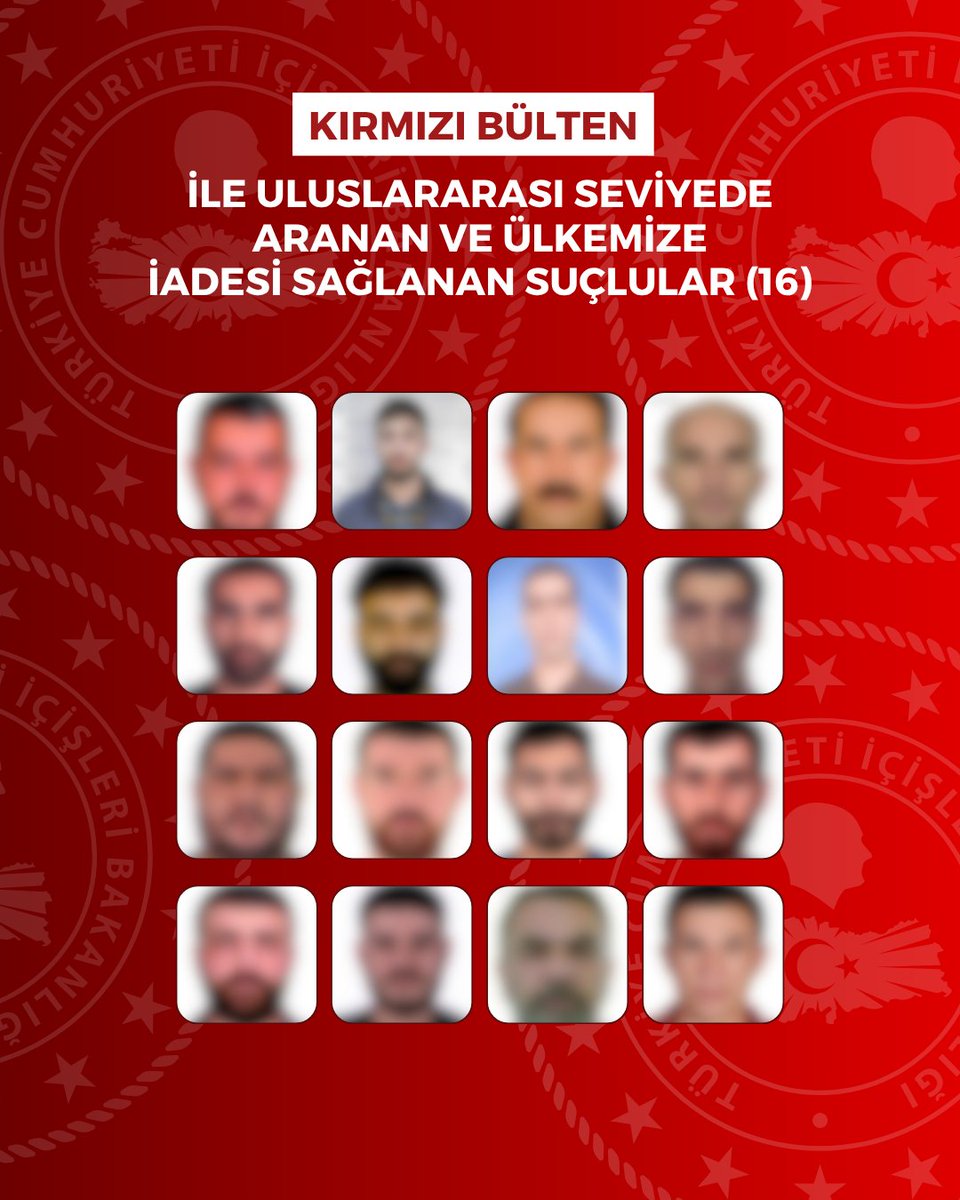 TC_icisleri's tweet photo. 🔴 Kırmızı Bültenle Aranan 16,
❌ Ulusal Seviyede Aranan 44 suçlu,

Gürcistan(43), Yunanistan(5) Almanya(2), Birleşik Krallık(2), Bulgaristan, Karadağ, Polonya, Sırbistan, Ermenistan, İsviçre, Romanya ve Rusya'dan ülkemize geri getirildi.

🔴 Kırmızı bültenle uluslararası seviyede aranan (16)
D.A., U.O., M.R., S.K., T.Ç., C.B., Ö.D., S.C., F.G., M.A., Ü.Y., E.E., S.E., A.B., B.Y. ve K.T.S. ile

❌ Ulusal seviyede aranan (44)
V.B., T.D., A.A., B.S., S.K., H.P., Y.E.S., Y.T., R.B., E.Ü., O.A., S.C.E., S.Ş., C.C., M.A., A.D., O.T., U.Ö., S.Ö., H.A., M.D., G.Ü., M.E., G.A., D.H., Y.Ü., H.A., A.G., M.Y., H.P., M.D., Y.Ö., H.A., Ö.G., E.Y.Ş., A.G., D.C., A.Ö., G.C., N.A., A.Ö., G.E., F.B. ve M.E. isimli şahıslar yakalandı ve ülkemize iadeleri sağlandı.

EGM Interpol-Europol Daire Başkanlığı, Adalet Bakanlığı görevlileri, KOM, İstihbarat ve Narkotik Suçlarla Mücadele Başkanlıkları, Siber, Asayiş ve TEM Daire Başkanlıklarınca; yurt dışına kaçan ve haklarında arama kararı bulunan şahısların izini titizlikle sürdük. İlgili ülkelerin kolluk birimleriyle yürütülen ortak işbirliğiyle yakalanan şahısların ülkemize iadeleri sağlandı.

Hiçbir suçlu yurt dışına çıkarak izini kaybettiremeyecek. Milletimizin huzuruna kastedenlerin hareket alanını daraltmaya, kaçış güzergâhlarını kapatmaya ve kırmızı bültenle ya da ulusal seviyede aranan şahısları ülkemize geri getirmeye devam ediyoruz.

Kahraman Polislerimizi, Başkanlıklarımızı, Daire Başkanlıklarımızı ve emeği geçenleri tebrik ediyoruz. 

Adalet Bakanlığı görevlilerine teşekkür ediyoruz.