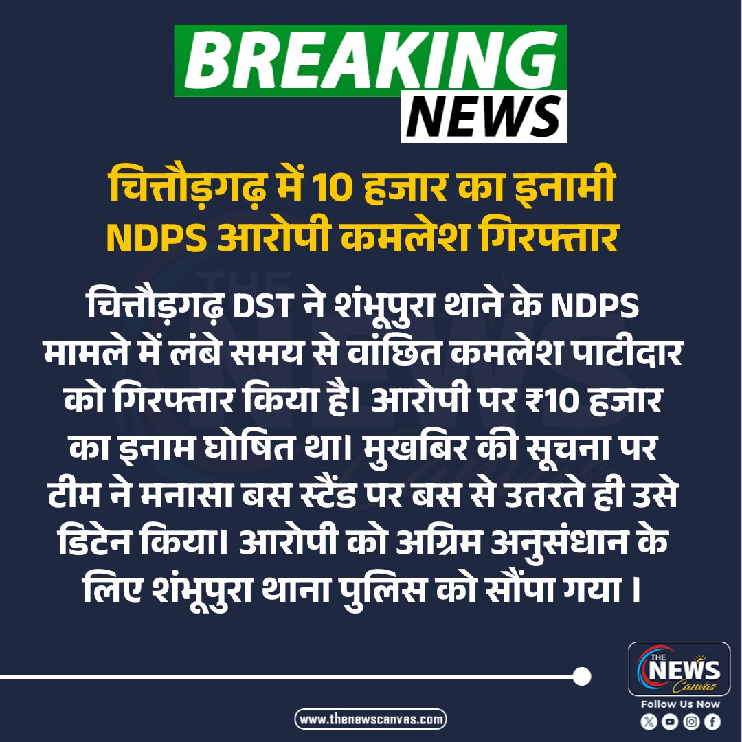 TheNewsCanvas_'s tweet photo. चित्तौड़गढ़ में 10 हजार का इनामी NDPS आरोपी कमलेश गिरफ्तार...
#Chittorgarh #RajasthanPolice #NDPS #CrimeNews #TheNewsCanvas
@ChghPolice @PoliceRajasthan https://t.co/ieBeddGMsl