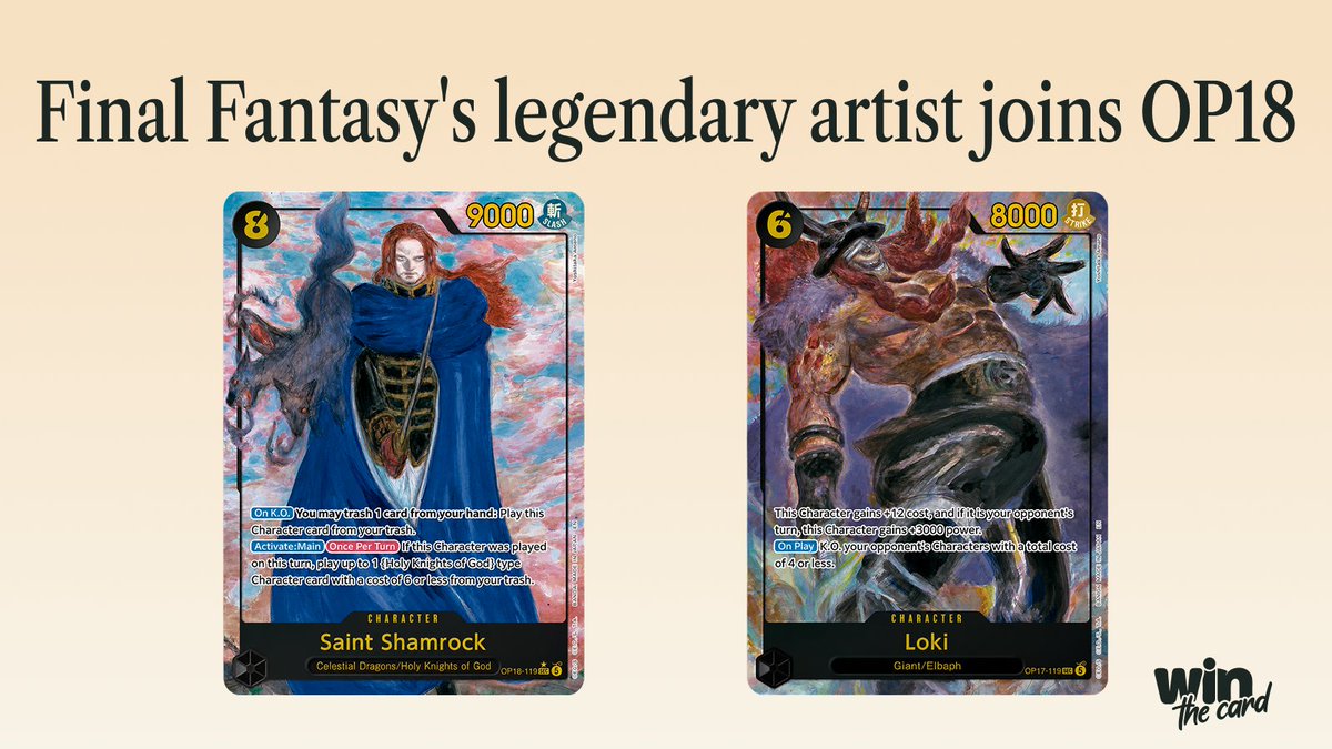Winthecard's tweet photo. Yoshitaka Amano illustrating One Piece for OP-18. 
The Final Fantasy legend gave us two so far: Loki or Saint Shamrock. Which one takes it?
#OnePieceTCG https://t.co/8KFi4wEnYJ