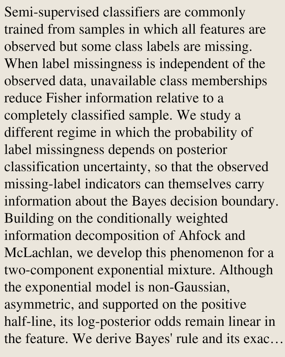 StatisticsCO's tweet photo. Favourable Missingness in Semi-Supervised Classification for Exponential Mixture Models

Huanchao Zhou, Jinran Wu, Fariborz Setoudehtazang, Geoffrey J. McLachlan
https://t.co/EqHq1Hmin4 [𝚜𝚝𝚊𝚝.𝙲𝙾 𝚖𝚊𝚝𝚑.𝚂𝚃] https://t.co/wqCaHhTaKO
