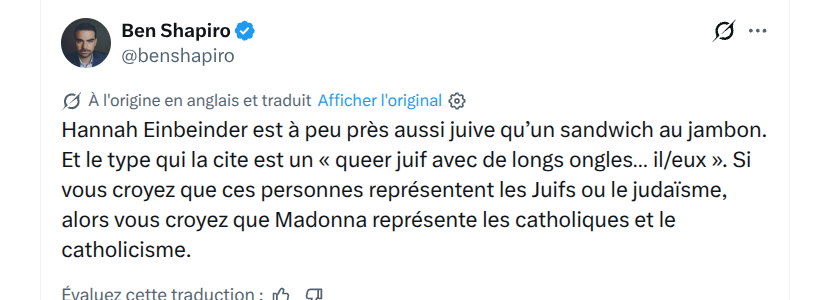 Manouck44's tweet photo. « Aussi juive qu'un sandwich au jambon. »
Shapiro excommunie Hannah Einbinder pour son soutien à M. Ruffalo.
Dès qu'un juif sort de la doxa sioniste, on décrète qu'il ne l'est plus. Le nationalisme a remplacé l'identité, le culte d'un État a supplanté le judaïsme.
Effrayant. https://t.co/Bp2qXzwYwo