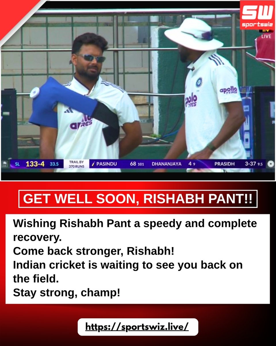 mysportswiz's tweet photo. 🇮🇳 GET WELL SOON, RISHABH PANT!
Wishing Rishabh Pant a speedy and complete recovery.
https://t.co/9AC7sYGM6O
#RishabhPant #GetWellSoonPant #TeamIndia #IndianCricket #CricketFamily #Sportswiz #ComeBackStronger #AsianGames #PrasidhKrishna #BenStokes https://t.co/I2rR4ovEfG