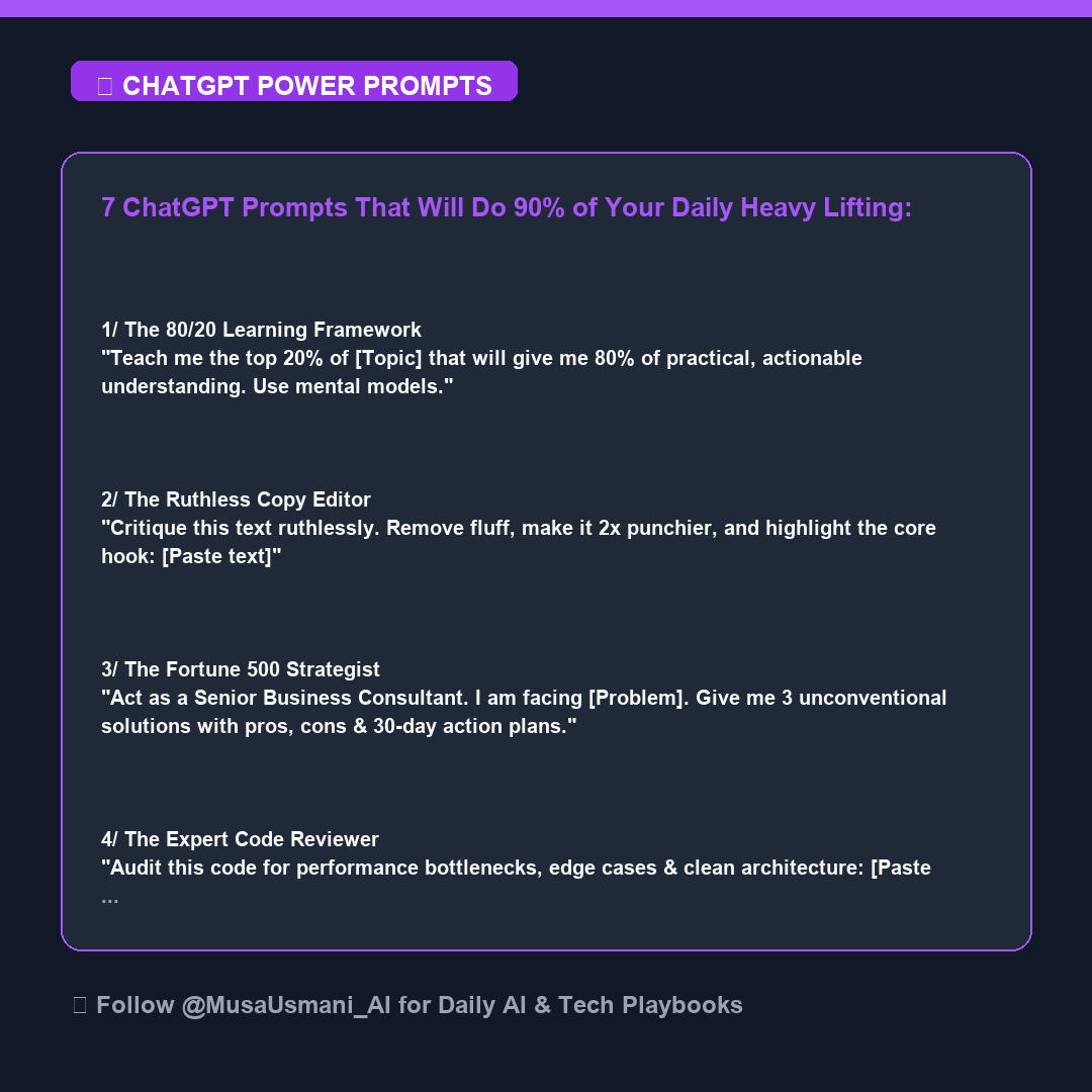 MusaUsmani_AI's tweet photo. 7 ChatGPT Prompts That Will Do 90% of Your Daily Heavy Lifting: https://t.co/7Pty53p7Sj