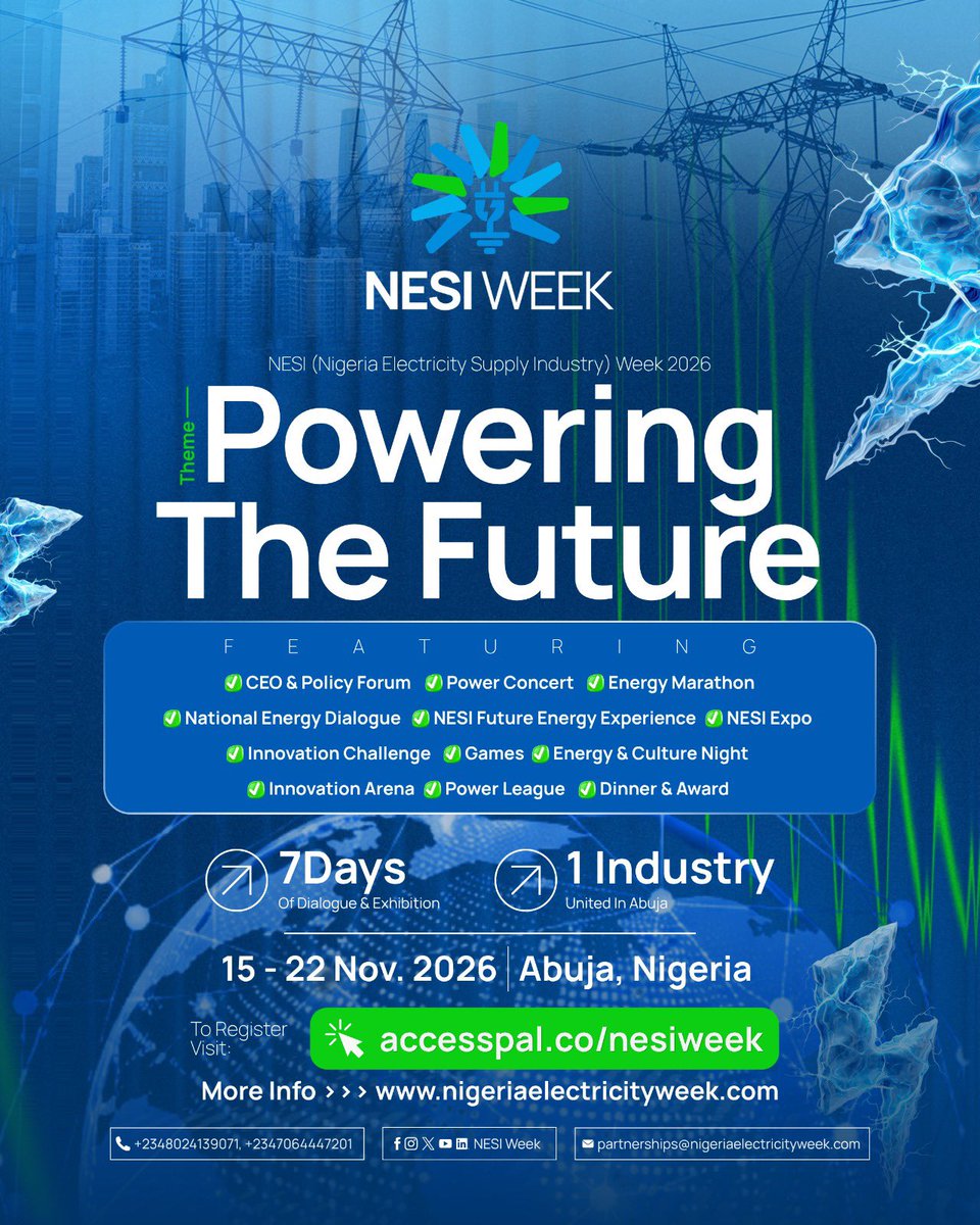 NESIWeek's tweet photo. One week. One industry. One future to power. ⚡️

NESI Week 2026 brings Nigeria’s electricity ecosystem together for 7 days of dialogue, innovation, exhibition, competition and connection.

Abuja | 15–22 Nov. 2026
Register: https://t.co/N0LaExfzsB

#nesiweek2026 https://t.co/0S9oXyBRtL
