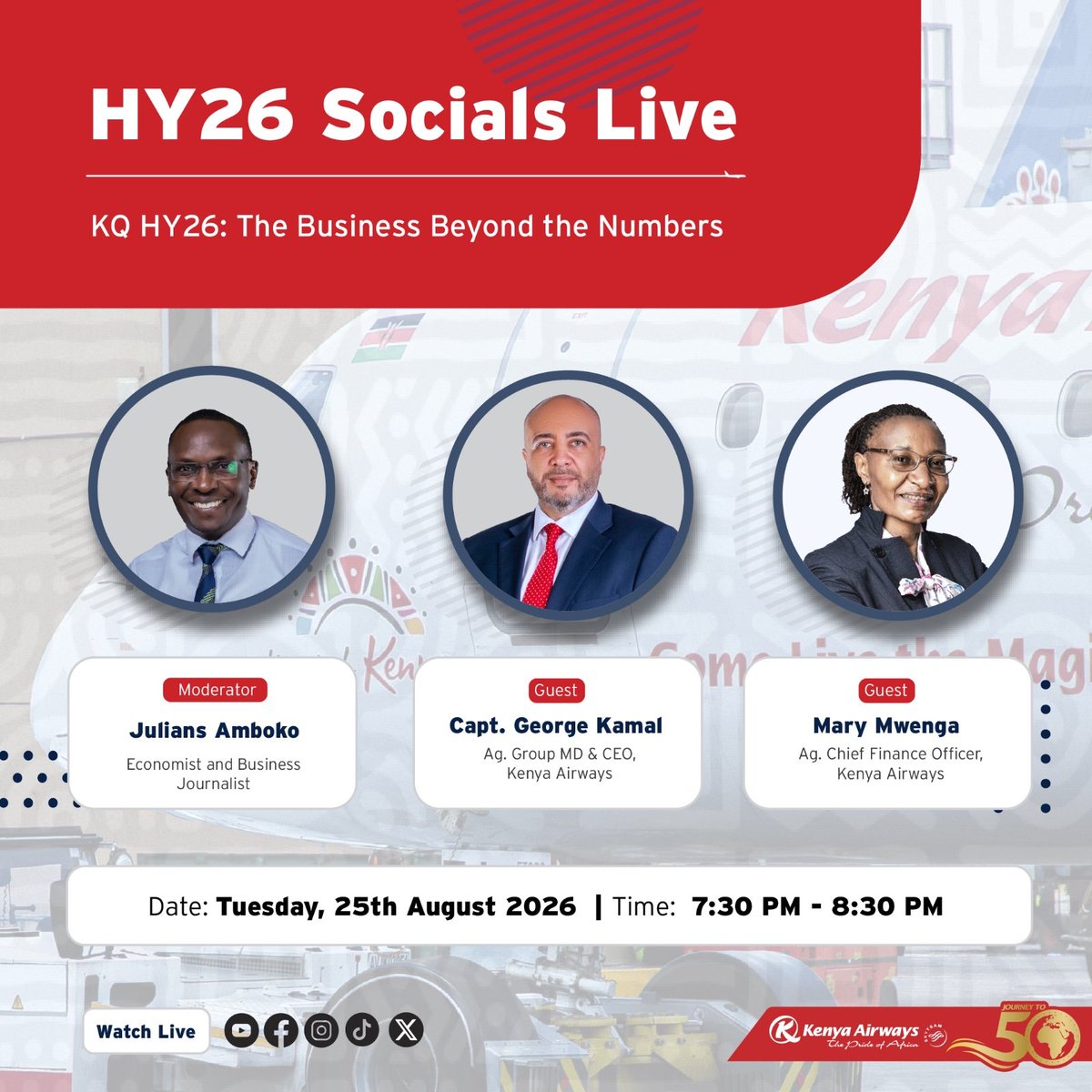 KenyaAirways's tweet photo. Tonight, we unpack our HY26 results beyond the numbers.

Join @AmbokoJH in conversation with our Ag. Group MD & CEO, George Kamal, and Ag. Chief Finance Officer, Mary Mwenga, as they discuss the results, what they mean for Kenya Airways and the business beyond the numbers.

Going live across our digital platforms from 7:30 p.m. Send us your questions and join the conversation. 

#ThePrideOfAfrica #KQHY2026