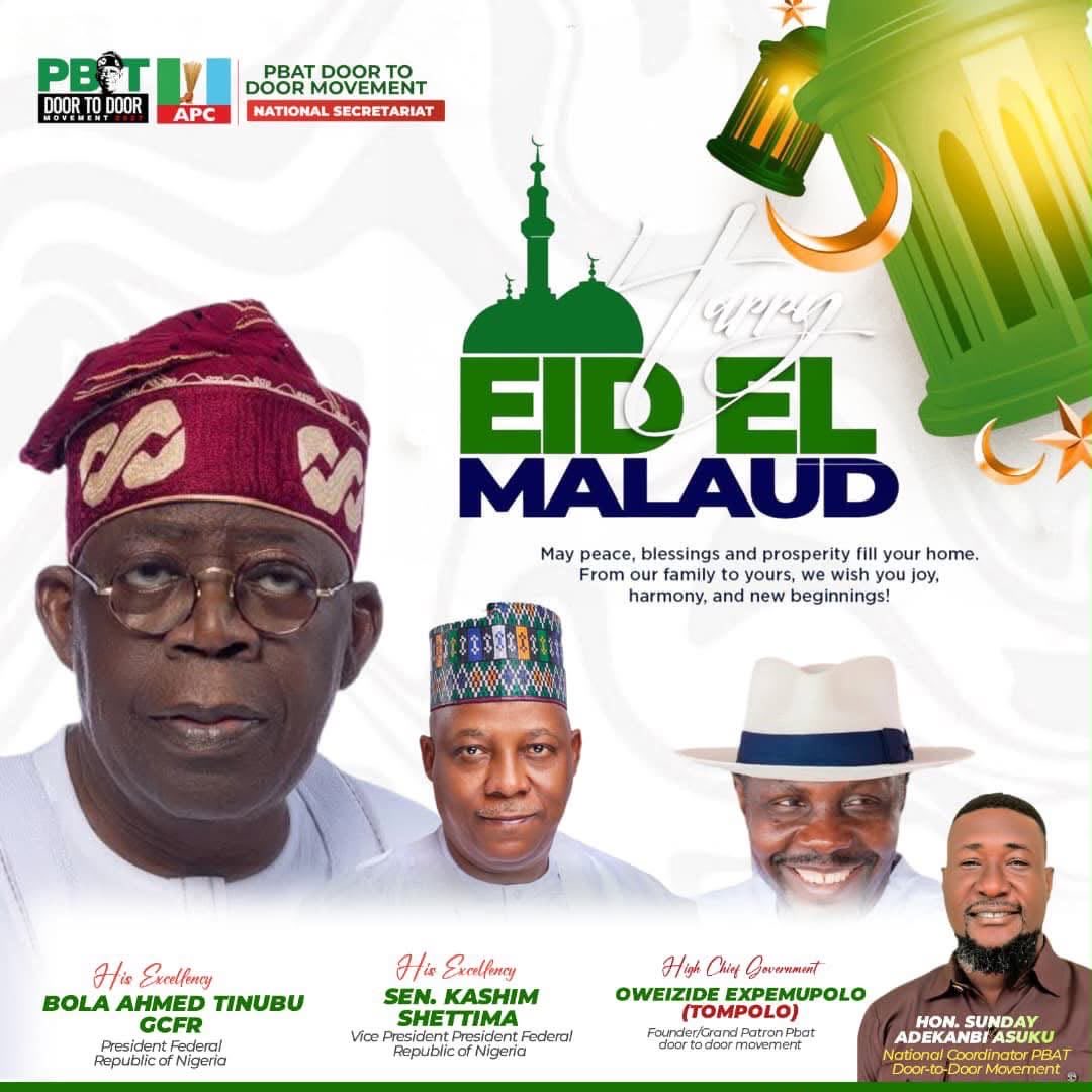 mummyIva's tweet photo. HAPPY MAULUD NABBiy

The PBAT Door-to-Door Movement warmly felicitates with all Muslim faithful across Nigeria and beyond on the joyous occasion of Maulud Nabbiy, commemorating the birth of the Holy Prophet Muhammad (SAW). https://t.co/LNbR2BIQz9