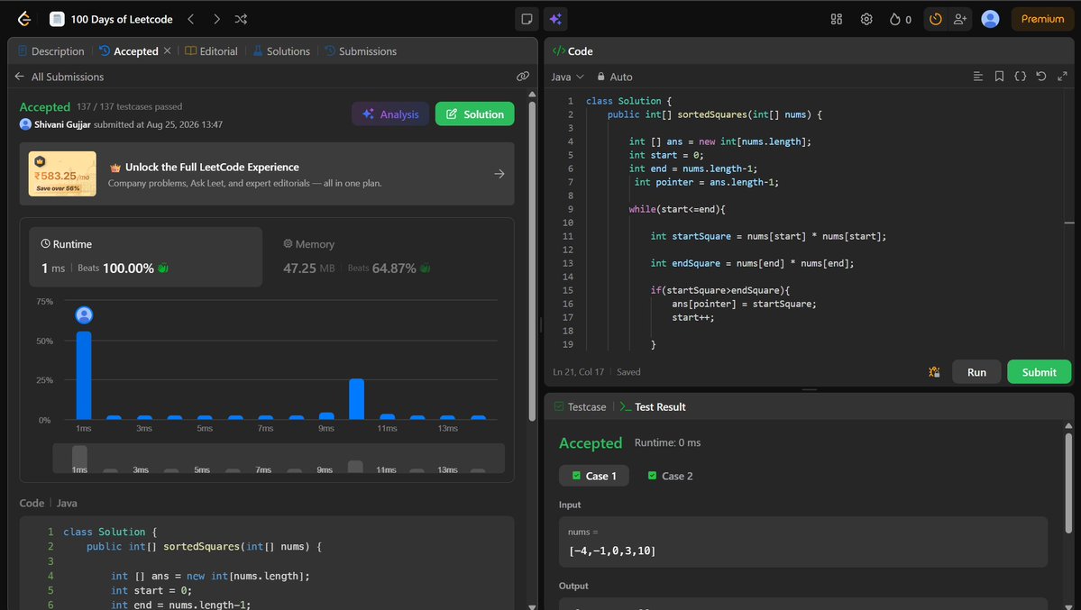 Inavish_Buttar's tweet photo. Day 12/100 - 100 Days of LeetCode ๐
Squares of a Sorted Array (LeetCode #977)
Solved and submitted โ
Thanks to DSA with EdSlash for the roadmap.
#100DaysOfLeetCode #DSAwithedSlash #LeetCode #CodingChallenge https://t.co/JJnyWt0jJz