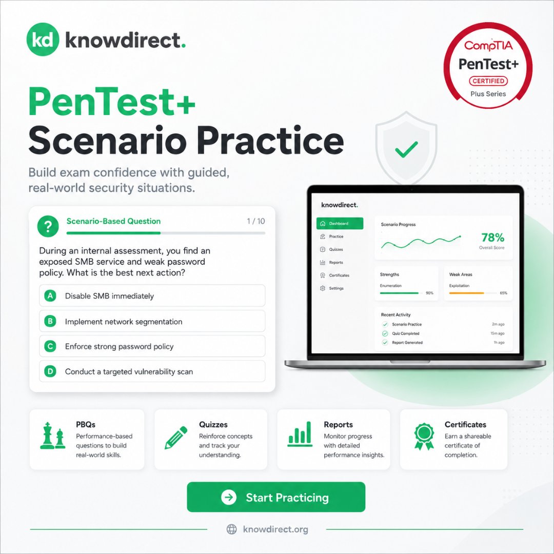 KnowDirect_'s tweet photo. 🌍 OFFICIAL WEBSITE: https://t.co/R9bbknKDaT

PenTest+ is about decisions, not just definitions.

Scenario: exposed SMB service + weak password policy during an internal assessment.

What is the best next action?

Practice real-world security scenarios with KnowDirect. https://t.co/HOnURaKRSA