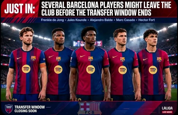 billy_onnaire's tweet photo. ‼️💥JUST IN: Several Barcelona players could leave the club before the transfer window closes:

• Frenkie de Jong
• Jules Koundé
• Alejandro Balde
• Marc Casadó
• Héctor Fort

A major shake-up could be coming at Barça. 🔵🔴 https://t.co/9uB2bd99lq