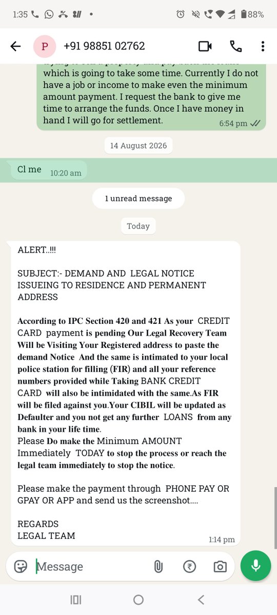 francm1983's tweet photo. Stop Harrassment @rblbank @rblbankcares Dear RBL Bank despite explaining my situation via calls, emails and messages your recovery team continues to pressure and intimidate me via WhatsApp messages threatening FIR and contacting my references which is against RBI Fair Practices https://t.co/92TwTbwzFA