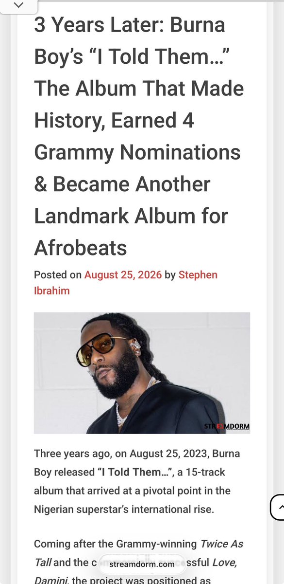 Streamdorm's tweet photo. 3 years ago today, Burna Boy released his seventh studio album “I Told Them…”

On August 25, 2023, Burna Boy released “I Told Them…”, a 15-track album that arrived at a pivotal point in the Nigerian superstar’s international rise.

Read full: https://t.co/UaSk8rYFqO https://t.co/U8MHDC0cmz