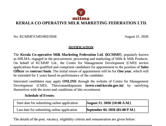 Indiasarkari12's tweet photo. ✨ **MILMA Sales Officer Recruitment 2026-आवेदन शुरू**
➡️ Start Date : *21 August 2026* 👈
➡️ Last Date: *04 September 2026* 👈
➡️ Total : *06 Posts* 👈
#IndiaSarkariNaukri #MILMA #Sales #Officer
Click to More Details & Apply Online 👇
https://t.co/amIVaItq5c https://t.co/KXTcPHdQDt