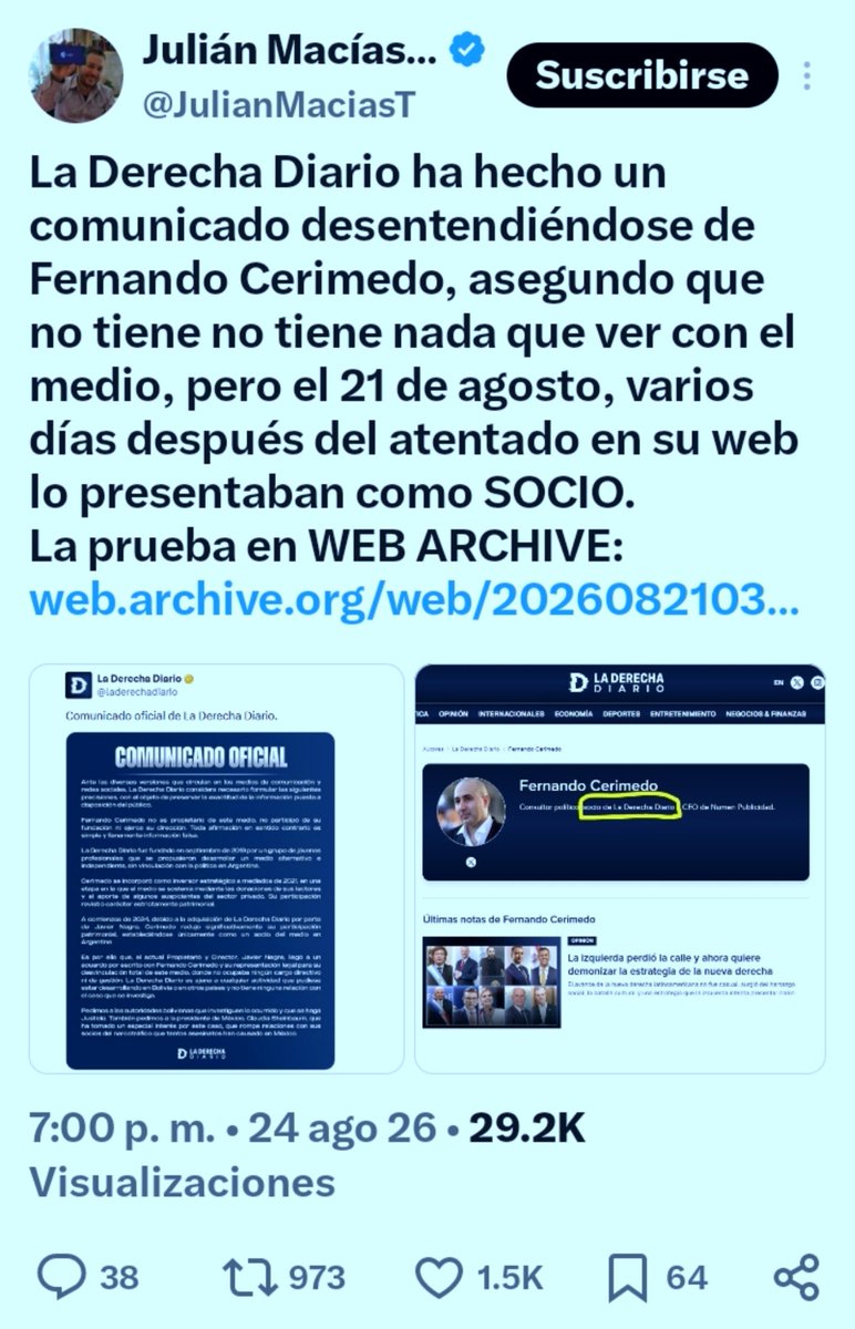 luisghernan's tweet photo. 🔥 Booooom🔥

De manera sorprendente, la caída del facho feminicida @FerCerimedo_ok
y su peón @javiernegre10 
ha propiciado el surgimiento de una poderosa red digital totalmente ORGÁNICA, que combate las mentiras, los engaños y las Fake News de la Derecha en Iberoamérica

Armados con datos y evidencias obtenidos por ellos mismos, y con una gran determinación, Periodistas, analistas y tuiteros de España, Argentina, Bolivia, México, Chile... cierran, uno a uno, todos los flancos a los intentos de limpiar la mugre infinita que rodea a @laderechadiario @DerechaDiarioMX

Desmienten, revelan, señalan y ponen contra la pared una estructura siniestra apoyada por la CIA y el Departamento de Estado 

La gente, desde sus cuentas personales en todos esos países y el resto del continente, hace el resto ❤️‍🔥

Si creían que les sería fácil volver a desestabilizar nuestra Latinoamerica, armando con ejércitos de bots a unos pelagatos fascistas y serviles para sembrar el odio y la división... no contaban con nuestros Pueblos y su DETERMINACIÓN

¡Un gran aplauso a todos y a todas! ❤️‍🔥❤️‍🔥❤️‍🔥❤️‍🔥❤️‍🔥