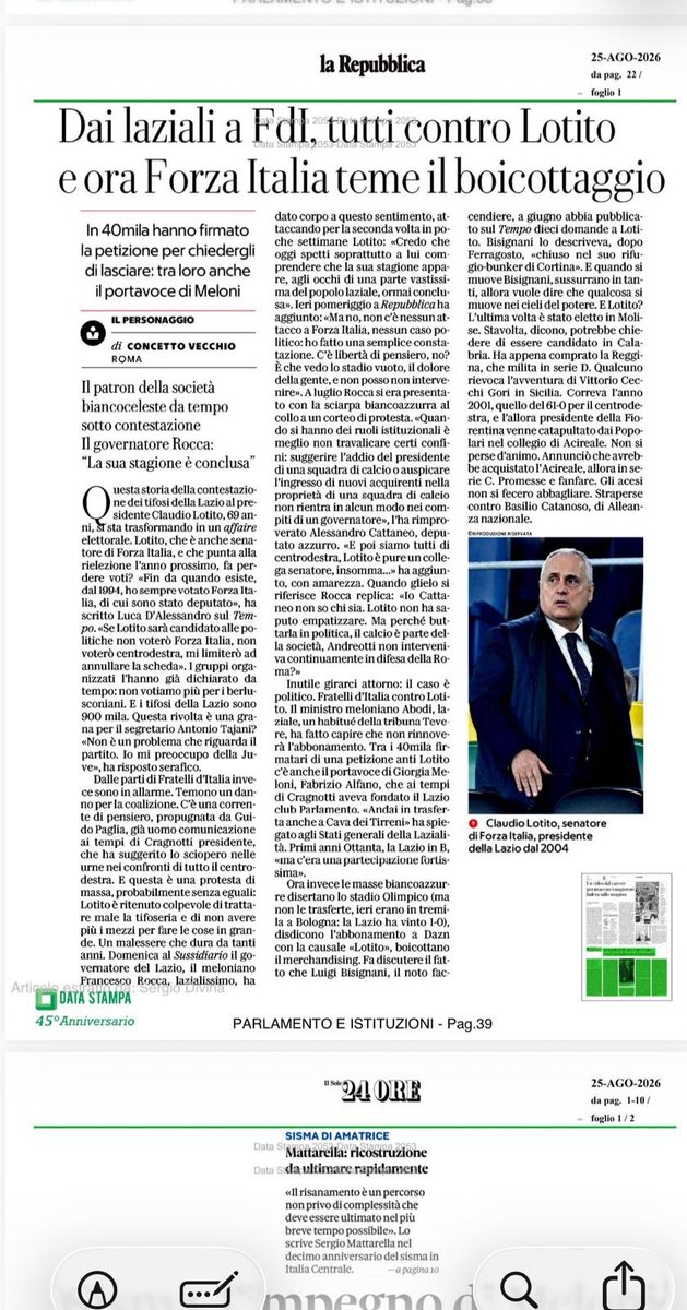 aciapparoni's tweet photo. C'è qualche inesattezza, ma il senso politico è centrato. A chi sostiene che in questi mesi nulla sia cambiato l'articolo racconta uno scenario reale e del tutto diverso. La questione-Lotito per il centrodestra è un macigno elettorale e mediatico, per la Lazio un peso insopportabile