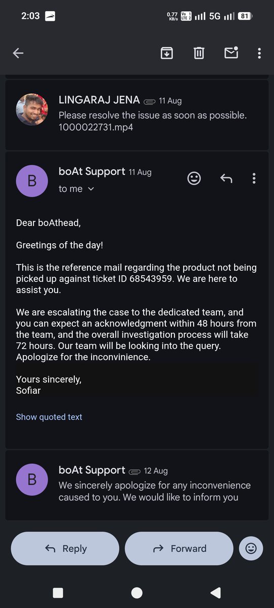 Lingaa97's tweet photo. @boAtOfficial @RockWithboAt   Your warranty service is extremely disappointing. My boAt Aavante 2.1 1550 Plus was picked up after raising a claim on 06 Aug 2026, but there’s still no resolution. https://t.co/1maCt1m7oa