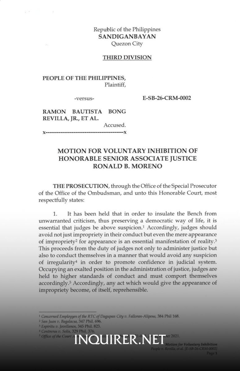 inquirerdotnet's tweet photo. JUSTICE WHO GRANTS REVILLA BAIL ASKED TO LEAVE CASE 

READ: Ombudsman prosecutors files motion for inhibition against Associate Justice Ronald Moreno, one of the two Sandiganbayan justices who voted to grant bail of former Sen. Bong Revilla for malversation. | @JEMendozaINQ https://t.co/BWnjrzZjpi