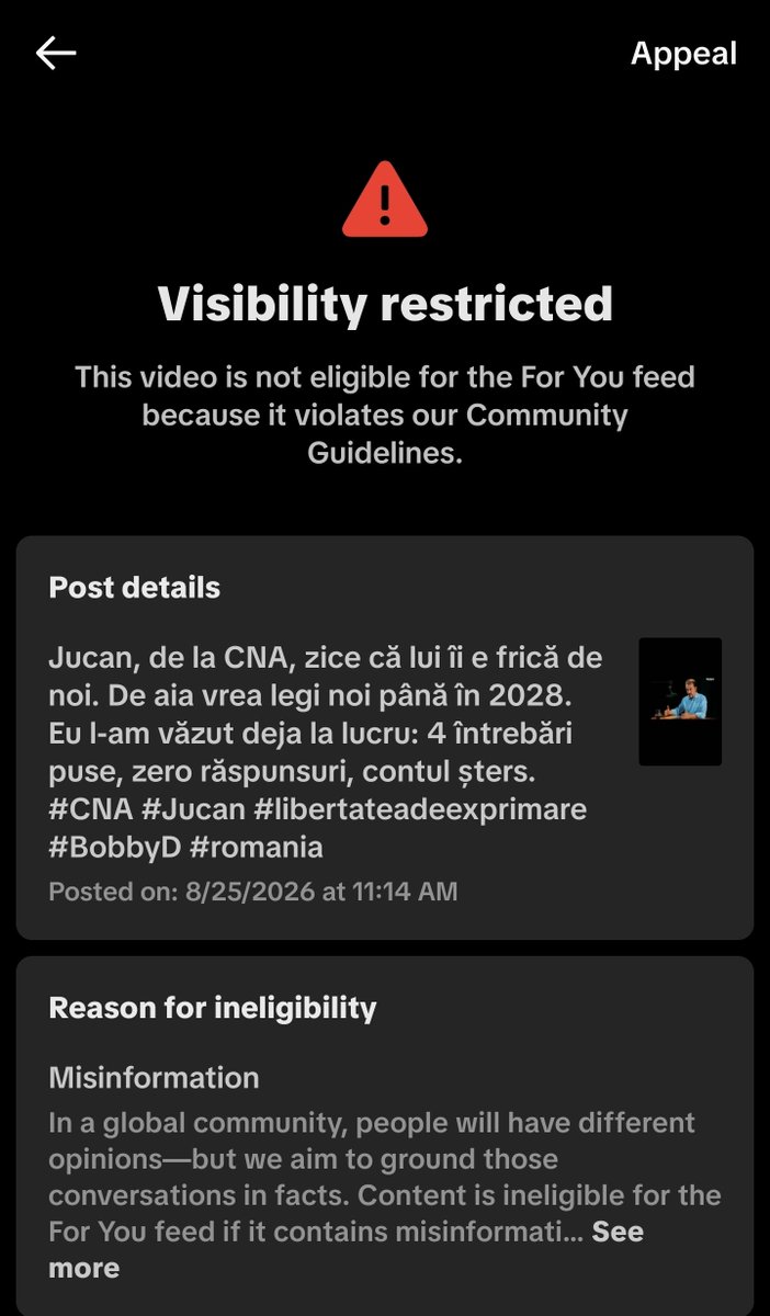 bobbydtiktok's tweet photo. A venit și al 7-lea clip blocat de TikTok!
Oameni buni, la primul zici „na, algoritmul”. La al doilea începi să ridici o sprânceană. Dar când ajungi la ȘAPTE clipuri la rând, toate lovite cu „dezinformare”, deja coincidența începe să arate al dracului de organizat.
Șapte din șapte! Ce eficiență, tată! Nici instituțiile statului nu se mișcă atât de repede!
Pentru mine, asta ridică o întrebare extrem de serioasă: mai vorbim despre moderarea TikTok sau despre o formă de cenzură aplicată sistematic anumitor subiecte?