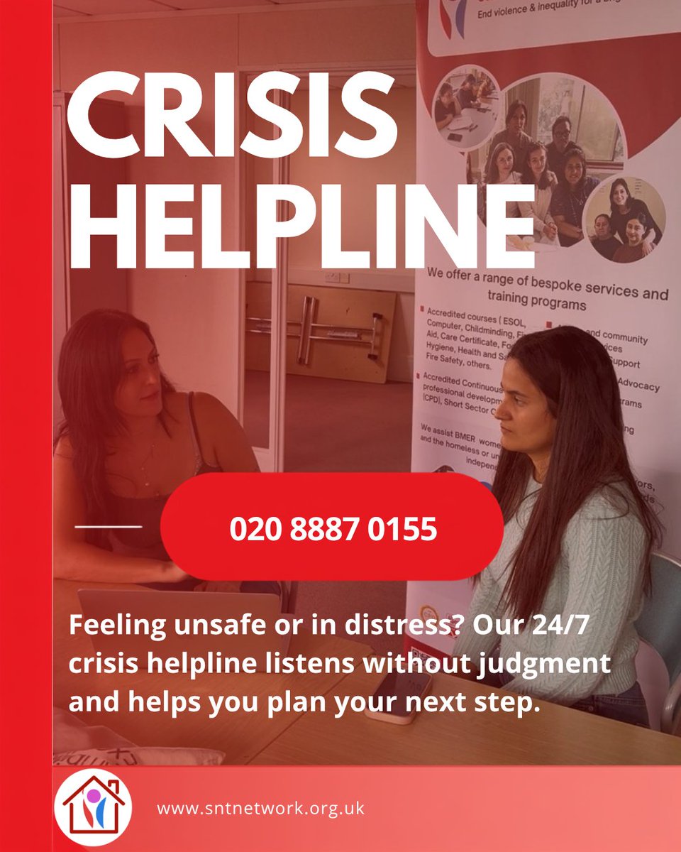 SNTnetwork's tweet photo. Feeling unsafe? Call 020 8887 0155. Our crisis helpline team listens without judgment. If you're in immediate danger, call 999. 

Apply for our services here: https://t.co/9Va0cJIWis

#CrisisSupport #YouAreNotAlone #StandTogetherNetwork #DomesticAbuseHelp https://t.co/WKSXg5uQwm