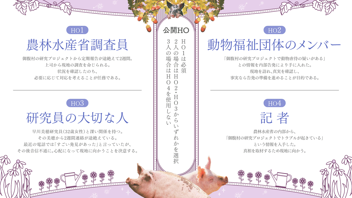yomosuga_ra's tweet photo. クトゥルフ神話TRPG 6版シナリオ
『御腹の豚』公開しました。

─知性は祝福か、呪いか？

連絡が途絶えた山間の研究施設。
探索者を出迎えたのは、人の言葉を話す豚だった。

正解のない問いを、PC同士で話したい方へ。

■2〜4PL / 現代日本 / クローズド
RP・探索・議論中心 / ルートにより戦闘あり https://t.co/EYUuASSoGf