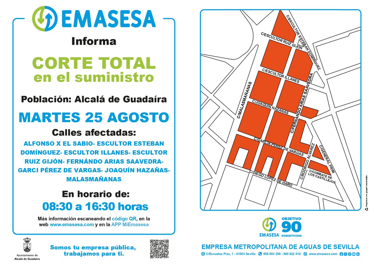 aytoguadaira's tweet photo. Hasta las 16.30 horas de hoy 25 de agosto cortes de agua de Emasesa en estas calles de #AlcaládeGuadaíra 👇 https://t.co/VWmOOFFnKU