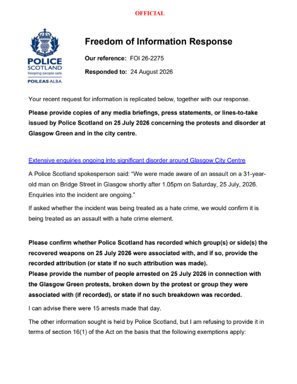 MyDugAlbie's tweet photo. I’ve just challenged Police Scotland’s refusal to name the group linked to the weapons recovered at Glasgow Green.
They used Section 34(1)(b) to withhold the name.

But we have all seen the  official speaking note prepared for Minister Kirsten Oswald already stated..
“Several weapons were recovered near to the containment of the Green Brigade…”

That document went to a minister. 
It’s already public.

So I’ve requested an internal review asking them to confirm what their own documents already said.

Will Police Scotland confirm what we already know?

One FOI at a time.