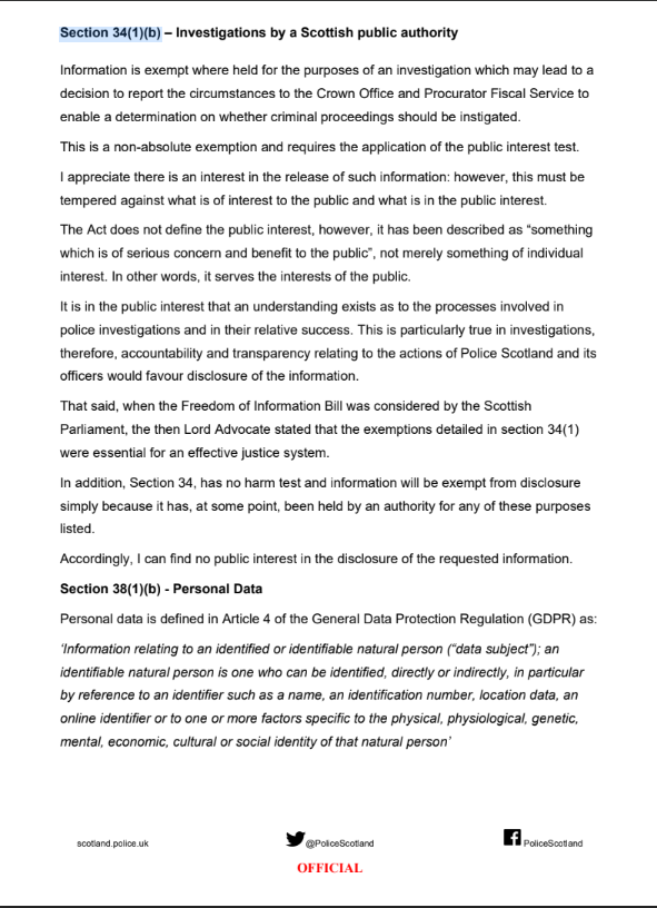 MyDugAlbie's tweet photo. I’ve just challenged Police Scotland’s refusal to name the group linked to the weapons recovered at Glasgow Green.
They used Section 34(1)(b) to withhold the name.

But we have all seen the  official speaking note prepared for Minister Kirsten Oswald already stated..
“Several weapons were recovered near to the containment of the Green Brigade…”

That document went to a minister. 
It’s already public.

So I’ve requested an internal review asking them to confirm what their own documents already said.

Will Police Scotland confirm what we already know?

One FOI at a time.